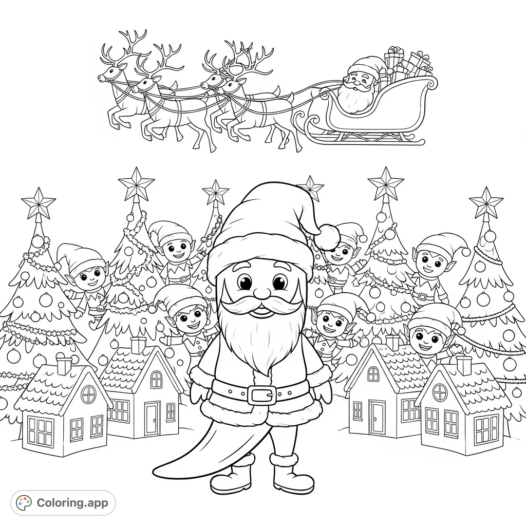 A festive Chilli Pepper Santa stands amidst a charming Christmas tree village, with pepper elves peeking and Santa's sleigh and reindeer ready for a whimsical holiday journey.