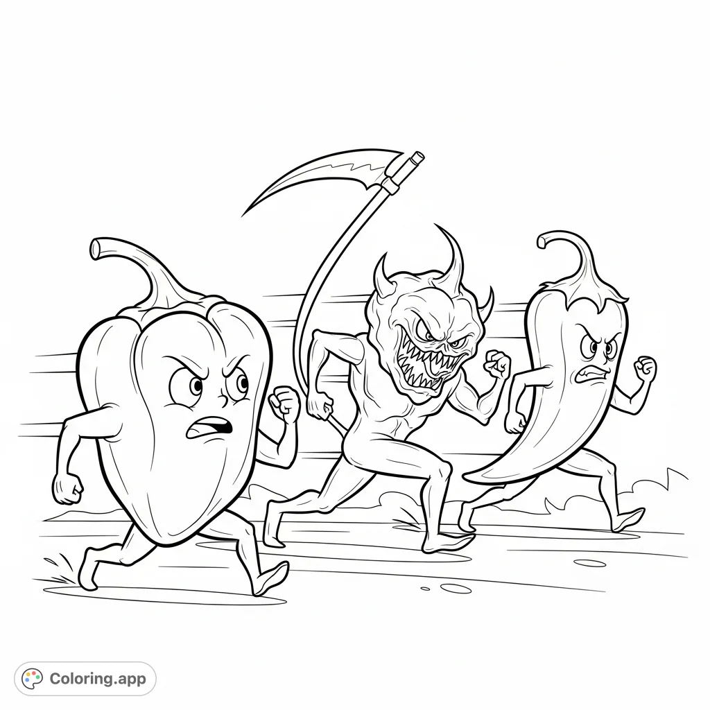 A thrilling chase scene featuring a Habanero Pepper person fleeing from the formidable Carolina Reaper and Ghost Pepper persons. A fiery, fun coloring adventure!
