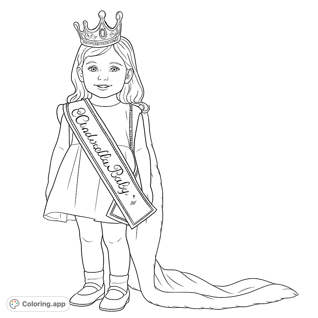 A charming little princess in a crown, dress, and sash, ready for a royal coloring adventure. Perfect for young dreamers.