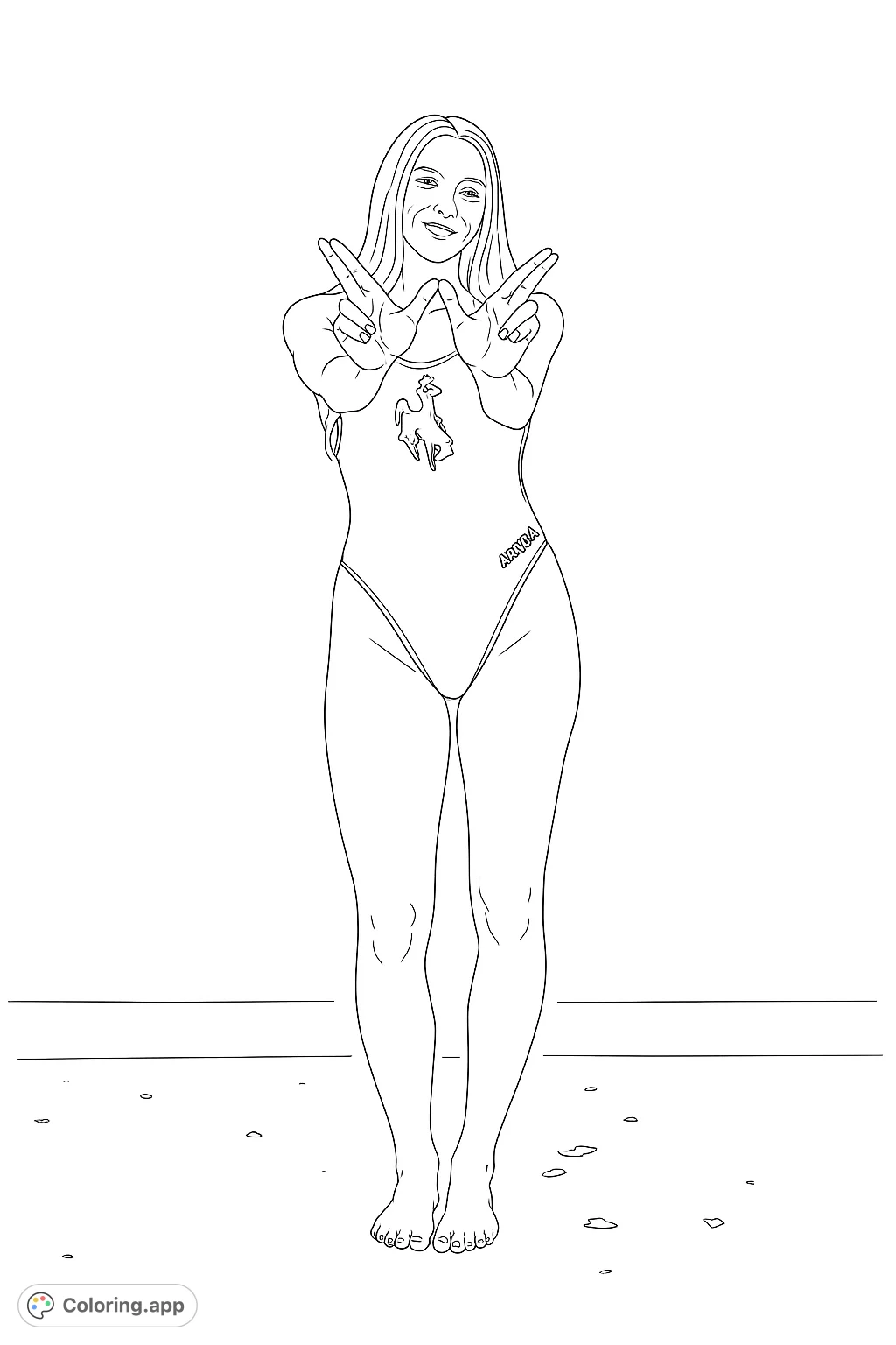 A dynamic coloring page featuring an athlete striking a pose with a distinctive hand gesture and a unique emblem on her swimsuit. Perfect for sports fans.
