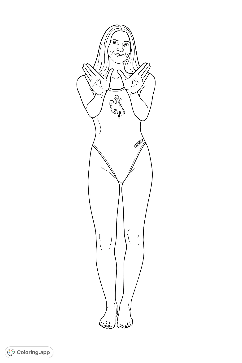 Color a dynamic athletic pose featuring a swimmer in a one-piece suit, making a unique hand gesture. Perfect for sports enthusiasts and aspiring artists.