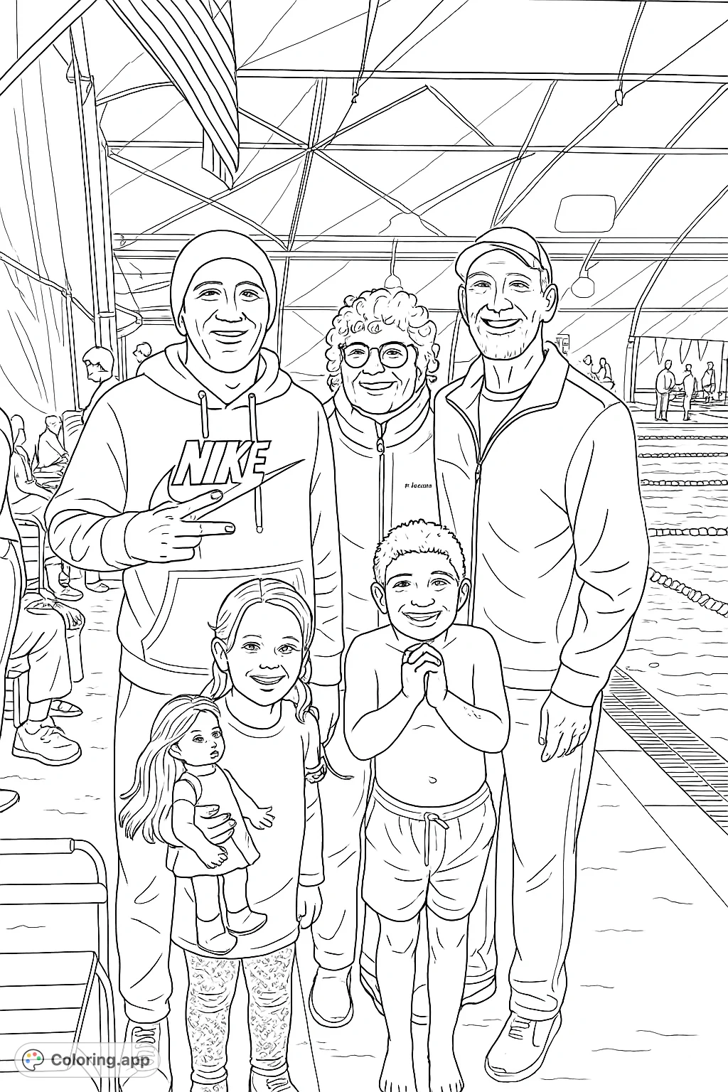 A joyful family group, including two adults and two children, poses happily at an indoor swimming pool, with an American flag overhead. Perfect for family fun!