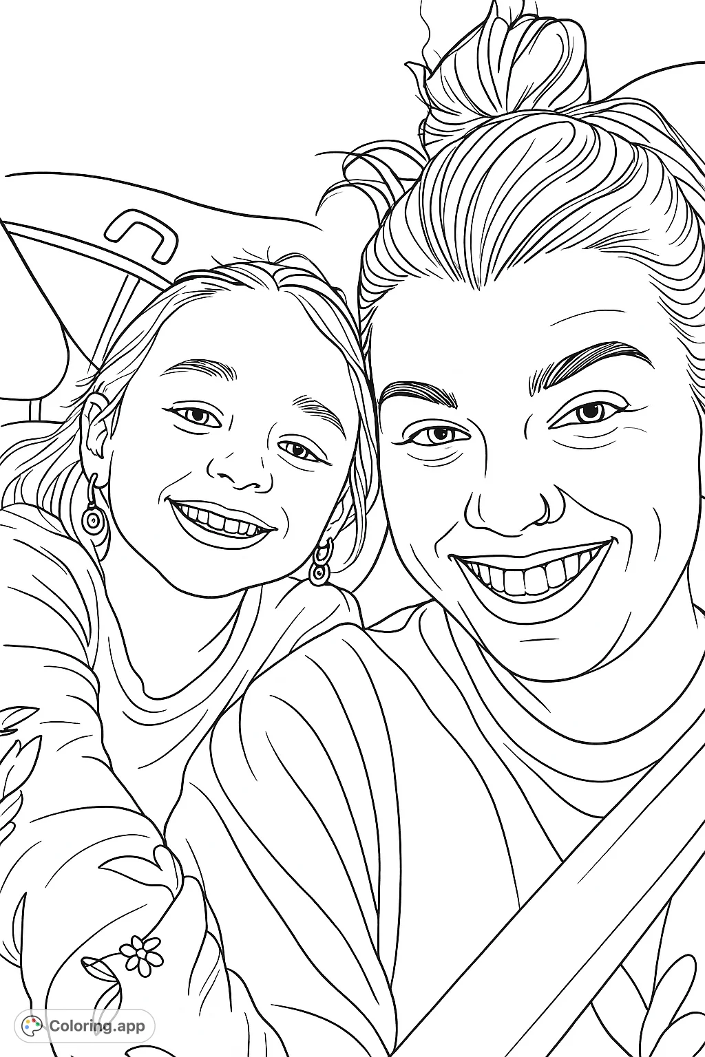 A heartwarming mother and child car selfie, capturing a moment of joy and connection. Perfect for a family coloring page, celebrating special bonds.