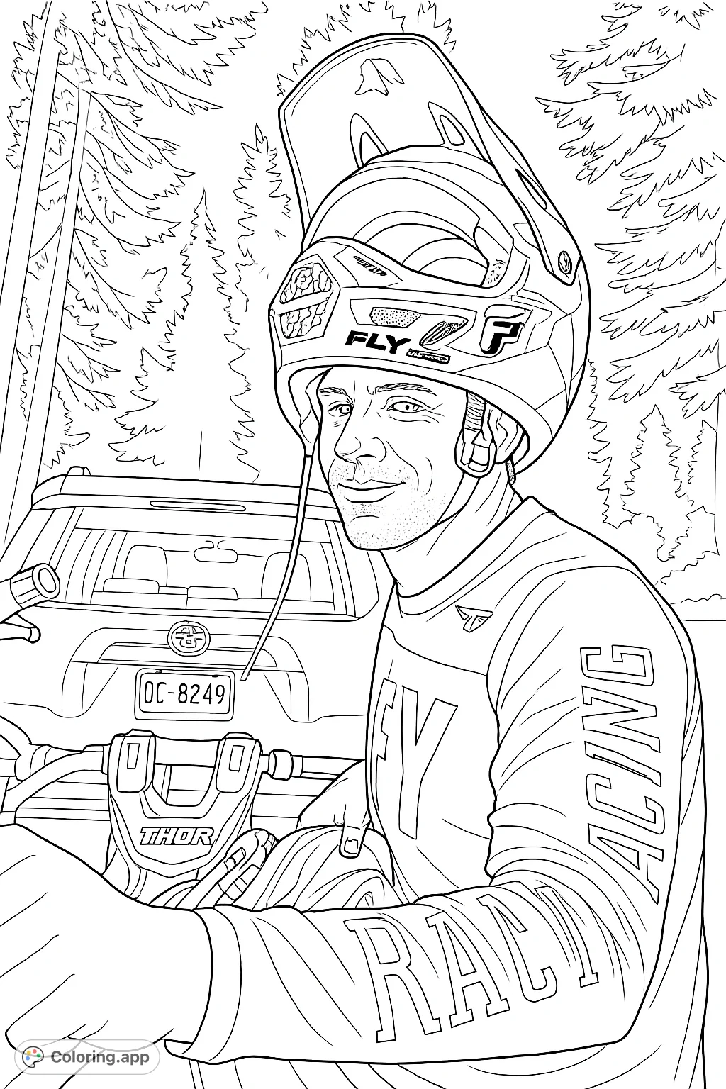 An off-road rider in full gear, featuring two helmets and a detailed jersey, set against a forest and vehicle backdrop. Perfect for sports enthusiasts.