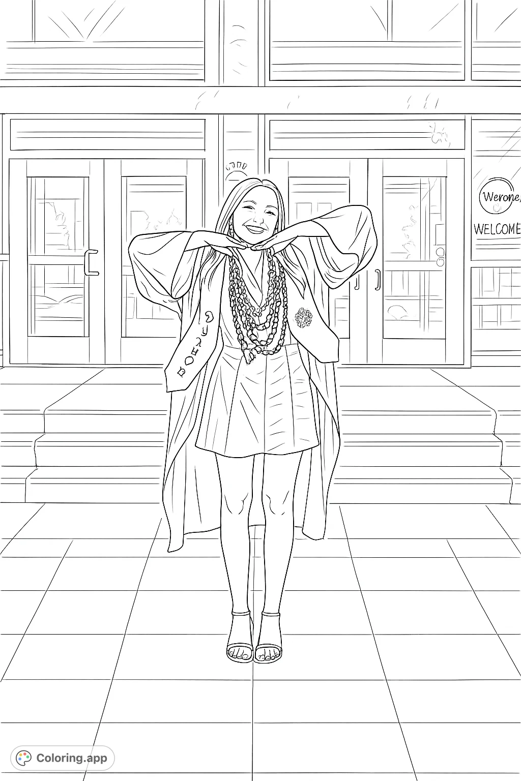 Celebrate academic achievement with this graduation coloring page featuring a proud student in a flowing gown, adorned with stoles and necklaces, ready for a bright future.