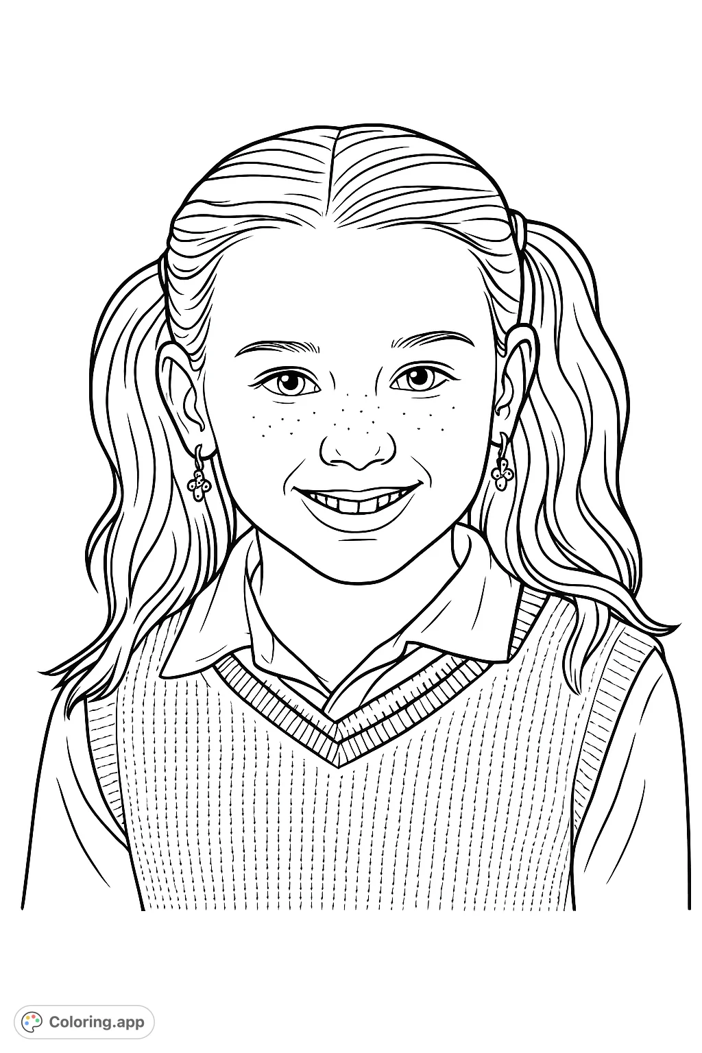 A delightful coloring page featuring a smiling young girl with pigtails and freckles, wearing a collared shirt and a ribbed sweater vest. Perfect for creative expression.