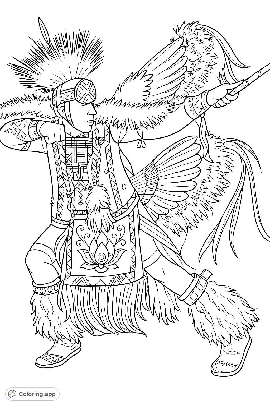 Intricate traditional dancer in ceremonial regalia, featuring elaborate feathers, fringes, and detailed patterns. A cultural celebration for coloring.