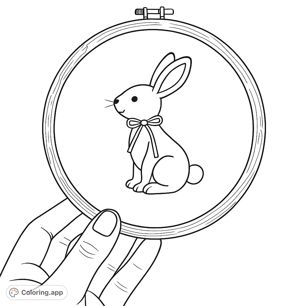 Color a charming, fluffy rabbit nestled in a rustic embroidery hoop. Perfect for animal lovers and craft enthusiasts seeking a delightful project.