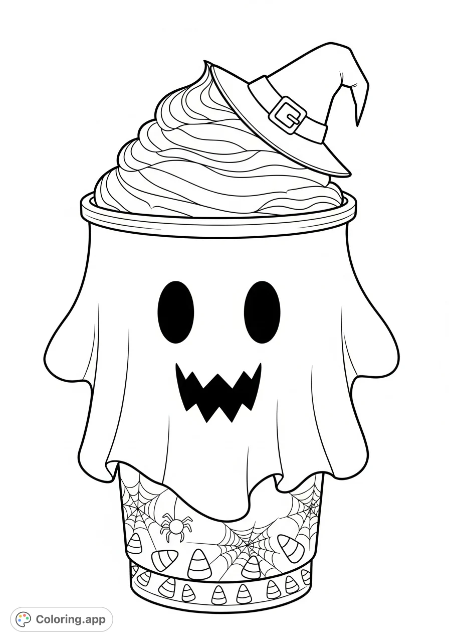 A delightful Starbucks Frappuccino cup dressed in a whimsical Halloween costume, featuring ghost-like drapes, a witch's hat, and spooky patterns.
