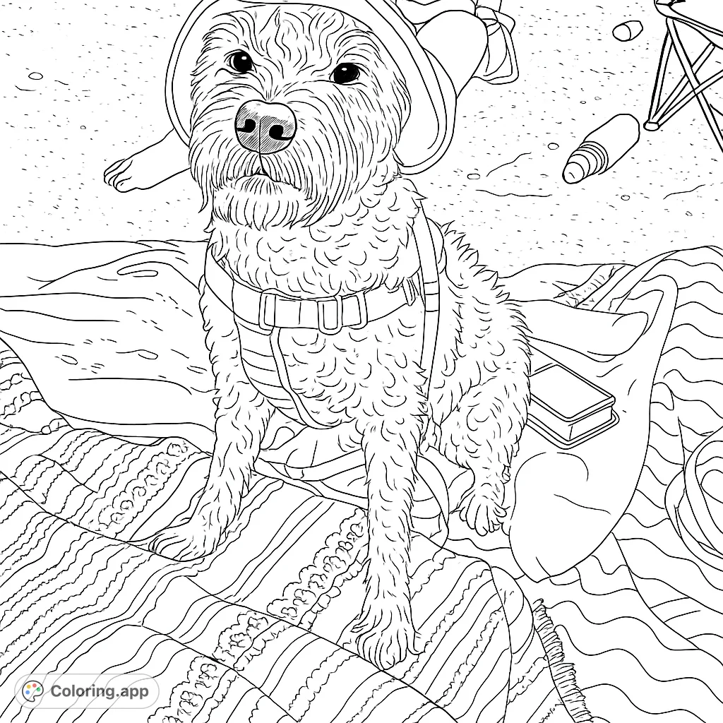 A charming shaggy dog wearing a hat enjoys a sunny beach day, sitting on a patterned blanket. Perfect for a relaxing coloring experience.
