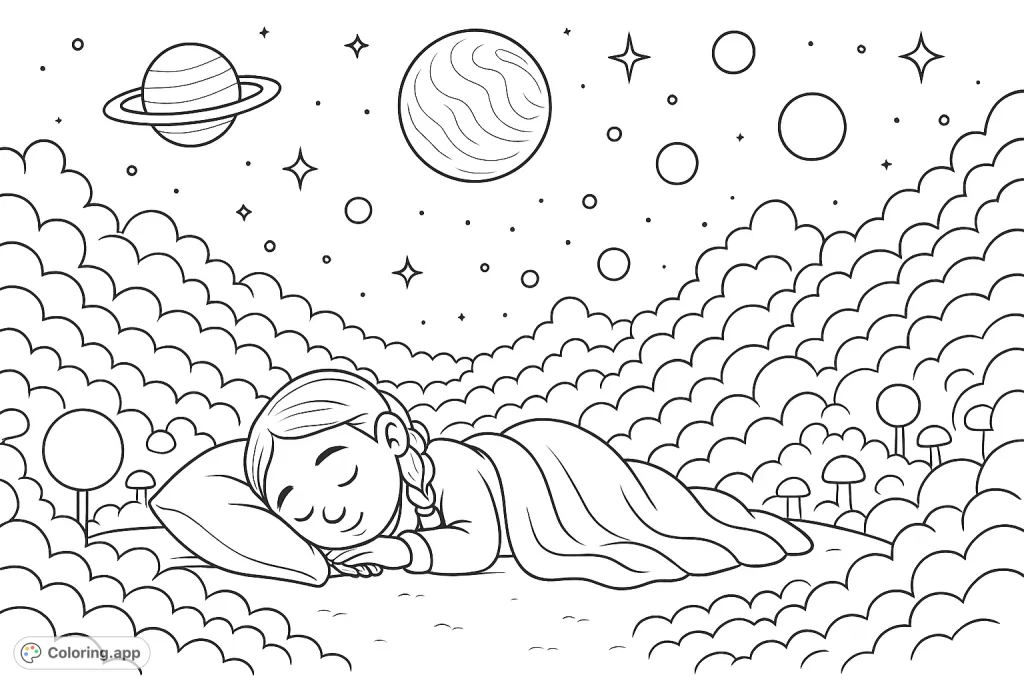 A peaceful child sleeps under a magical night sky filled with planets, stars, and soft clouds. A dreamy scene perfect for imaginative coloring.
