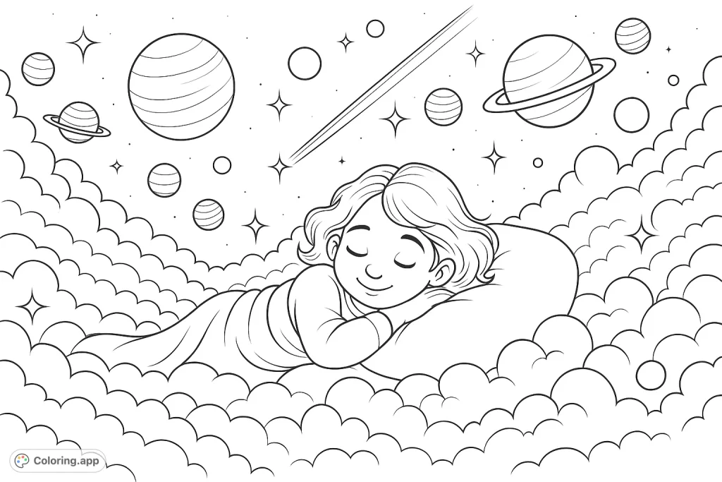 A peaceful child sleeps on soft clouds under a starry sky, surrounded by planets and twinkling stars. A magical celestial dream scene.