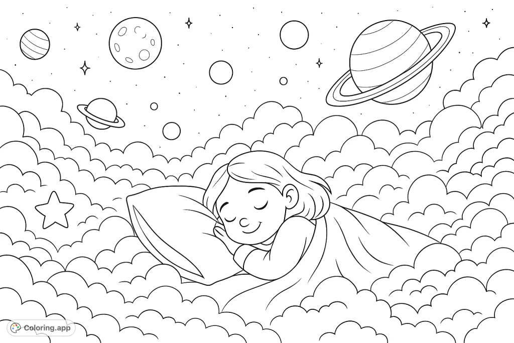 A peaceful child sleeps amidst soft clouds under a starry sky, surrounded by planets and a glowing moon. A magical, dreamy scene for coloring.