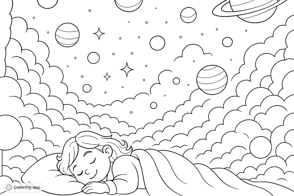 A peaceful child sleeps amidst a cosmic dreamscape, surrounded by planets, stars, and soft clouds. A magical celestial journey awaits your colors!