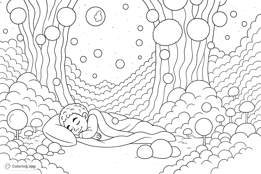 A peaceful child sleeps in a whimsical dreamscape, surrounded by glowing orbs, fluffy clouds, and towering trees under a starry sky.