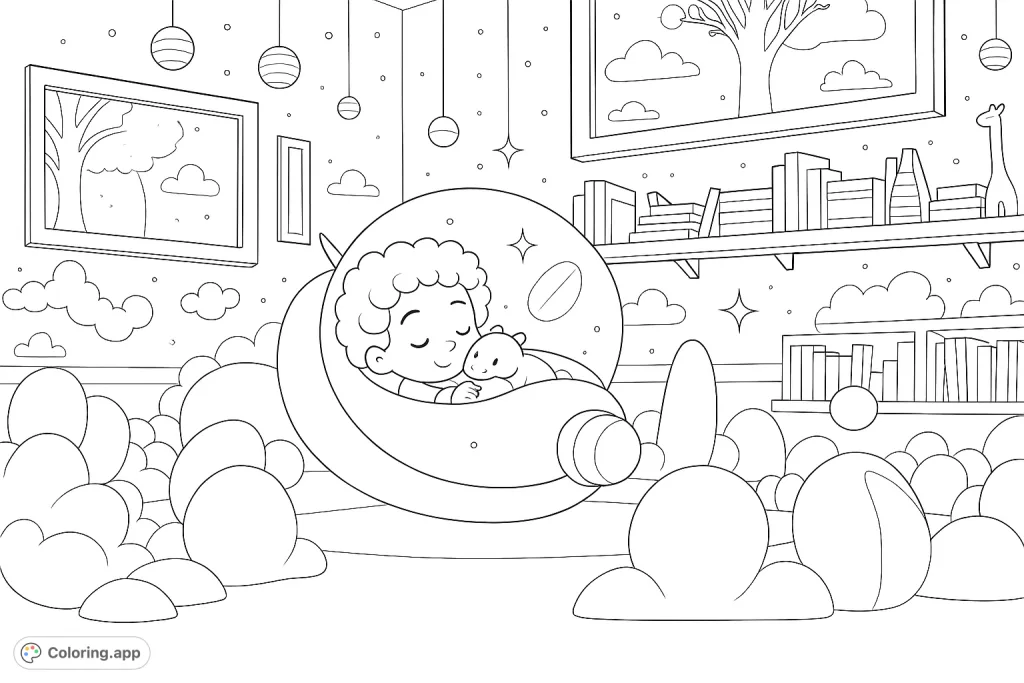 A peaceful child sleeps in a floating pod, surrounded by stars, books, and soft shapes in a whimsical, dream-like room. Perfect for imaginative colorists.