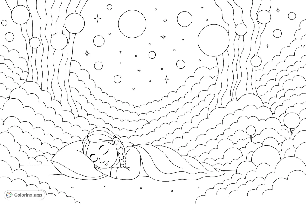 A peaceful scene of a young person sleeping amidst a magical, cloud-filled landscape under a sky adorned with celestial spheres and twinkling stars.