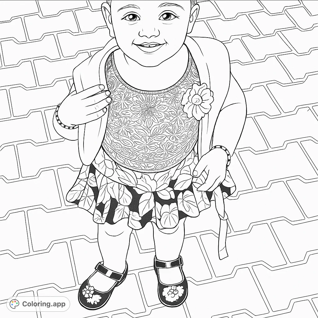 A delightful coloring page featuring a smiling child in a patterned top, floral skirt, and draped jacket, standing on a paved surface. Perfect for young artists!