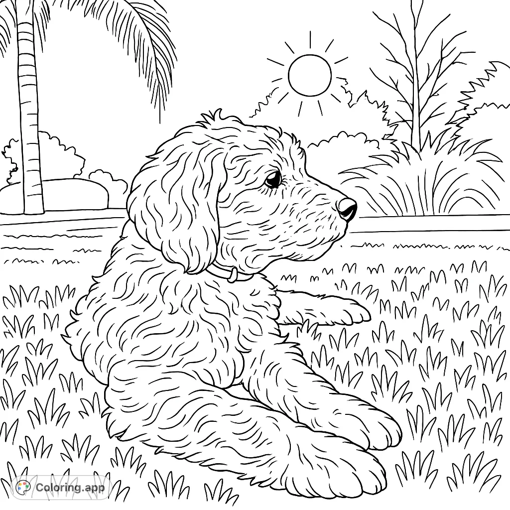 A charming fluffy puppy rests peacefully on a grassy lawn, gazing into the distance. A delightful puppy coloring page for kids and adults.