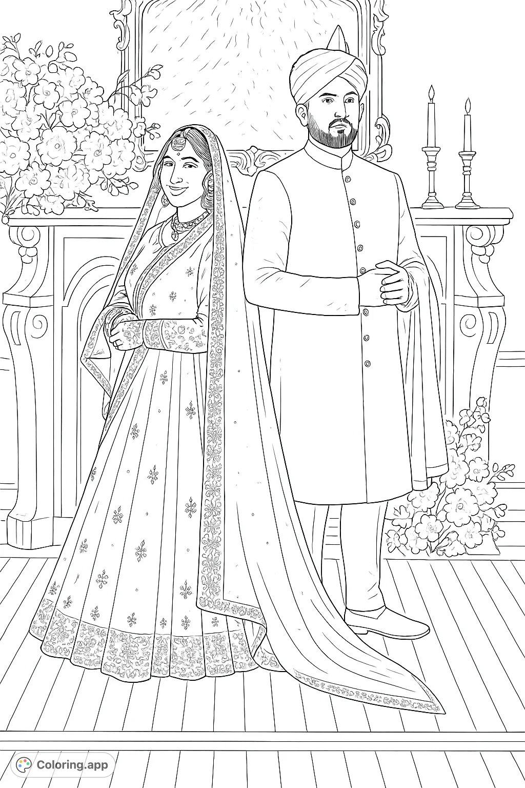 An elegant couple in traditional attire, adorned with intricate patterns and jewelry, stands before a decorative fireplace with lush floral arrangements.