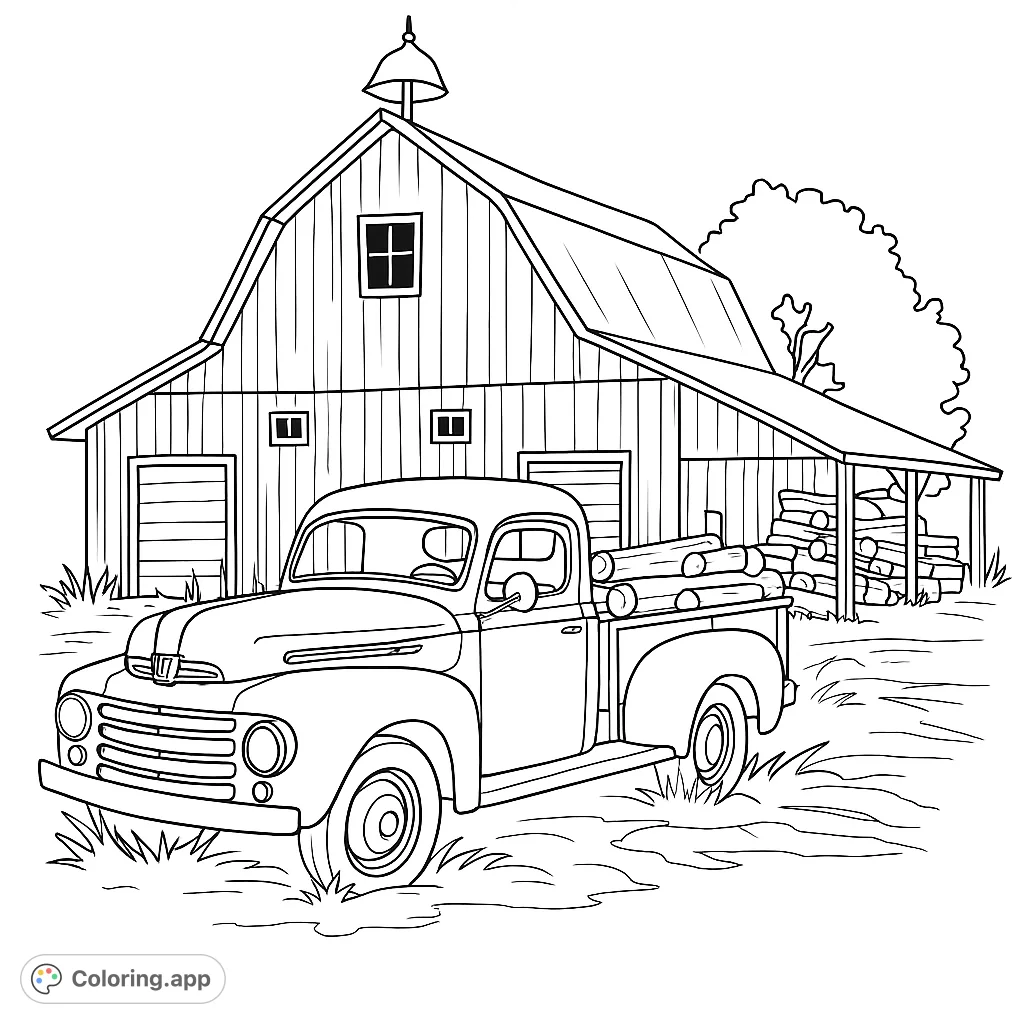 Step into a charming farm scene with a classic vintage pickup truck loaded with logs, parked in front of a rustic wooden barn. A delightful country escape.