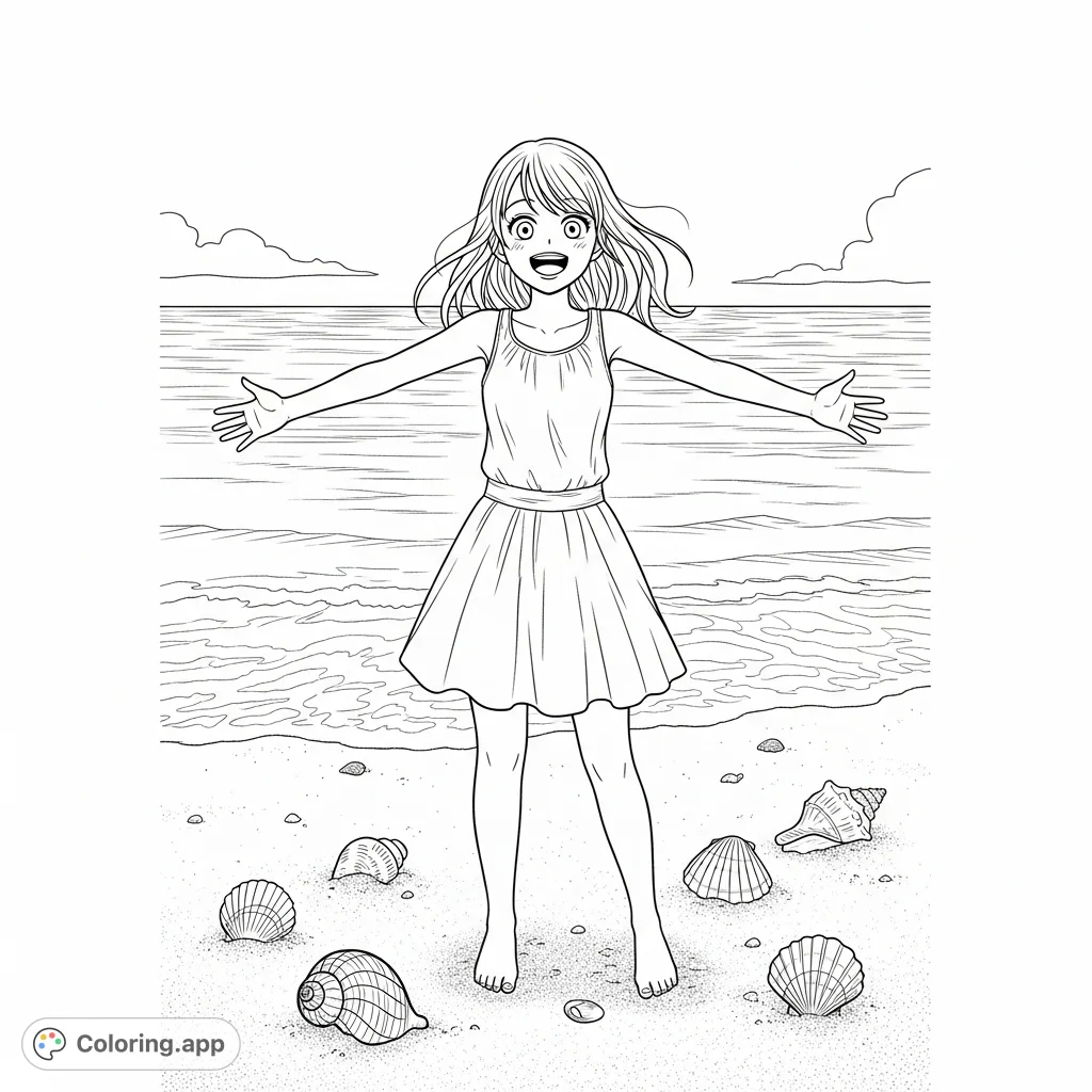 A cheerful manga girl enjoys a sunny beach, surrounded by scattered seashells. A delightful free printable coloring page for creative expression.
