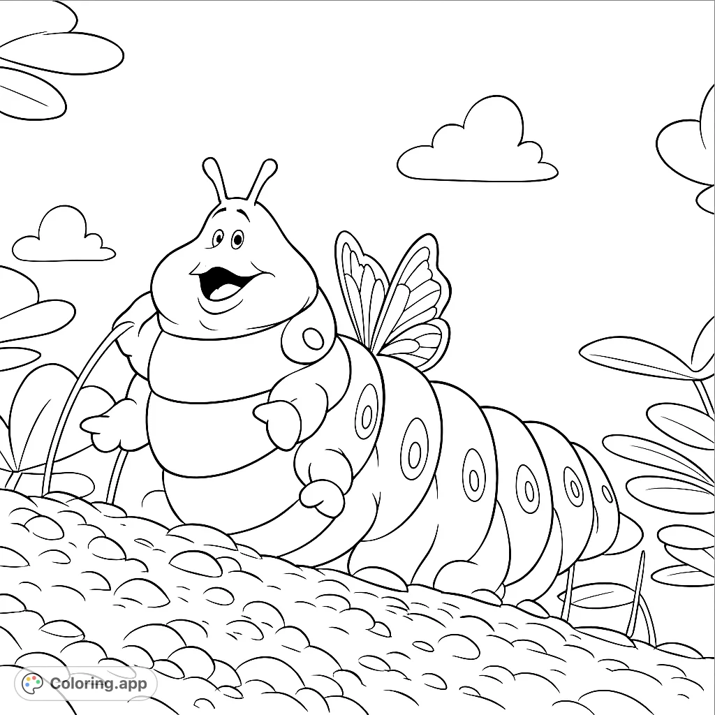 Join a cheerful caterpillar and its butterfly companion on a textured landscape. A delightful scene with broad leaves and a clear sky, perfect for creative coloring.