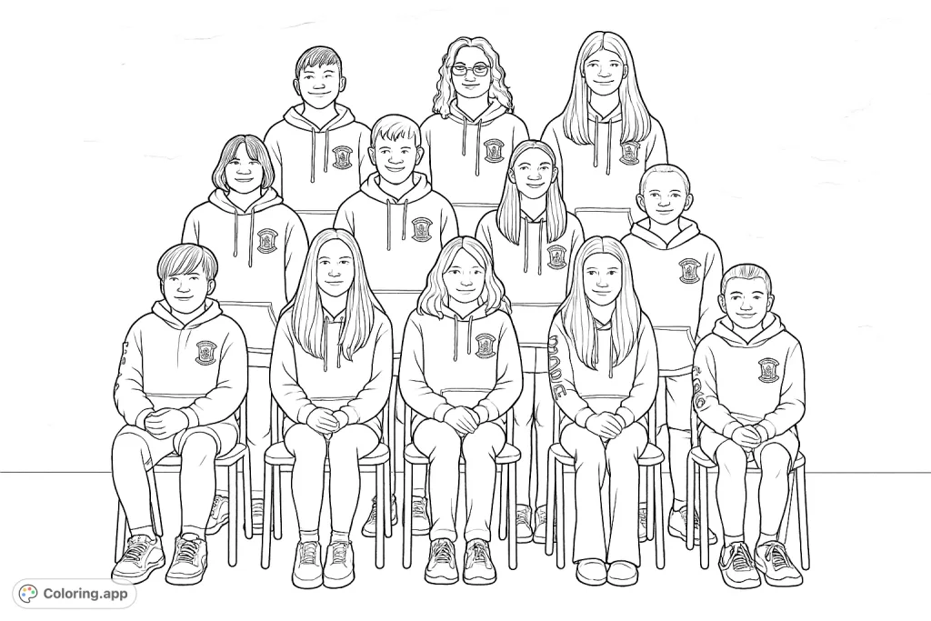 Capture the spirit of friendship with this group portrait coloring page featuring eleven children in a tiered arrangement, perfect for school-themed creativity.