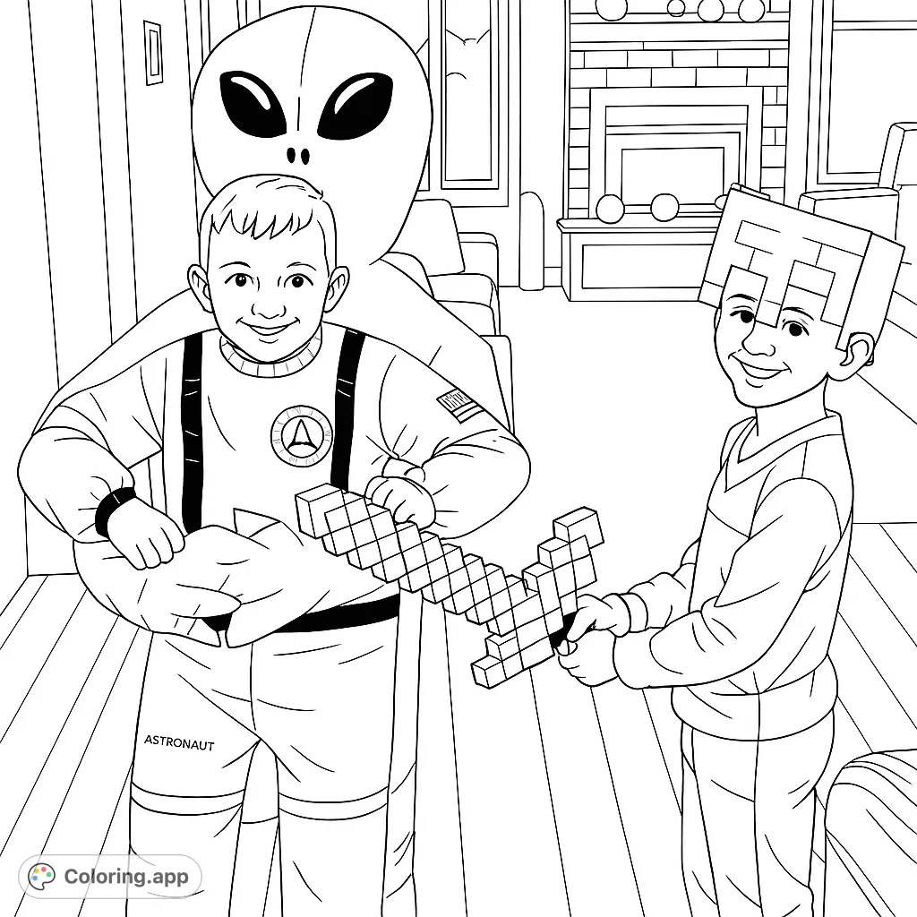 A fun coloring page featuring an astronaut with a friendly alien, and a pixel warrior with a sword, ready for an imaginative adventure.