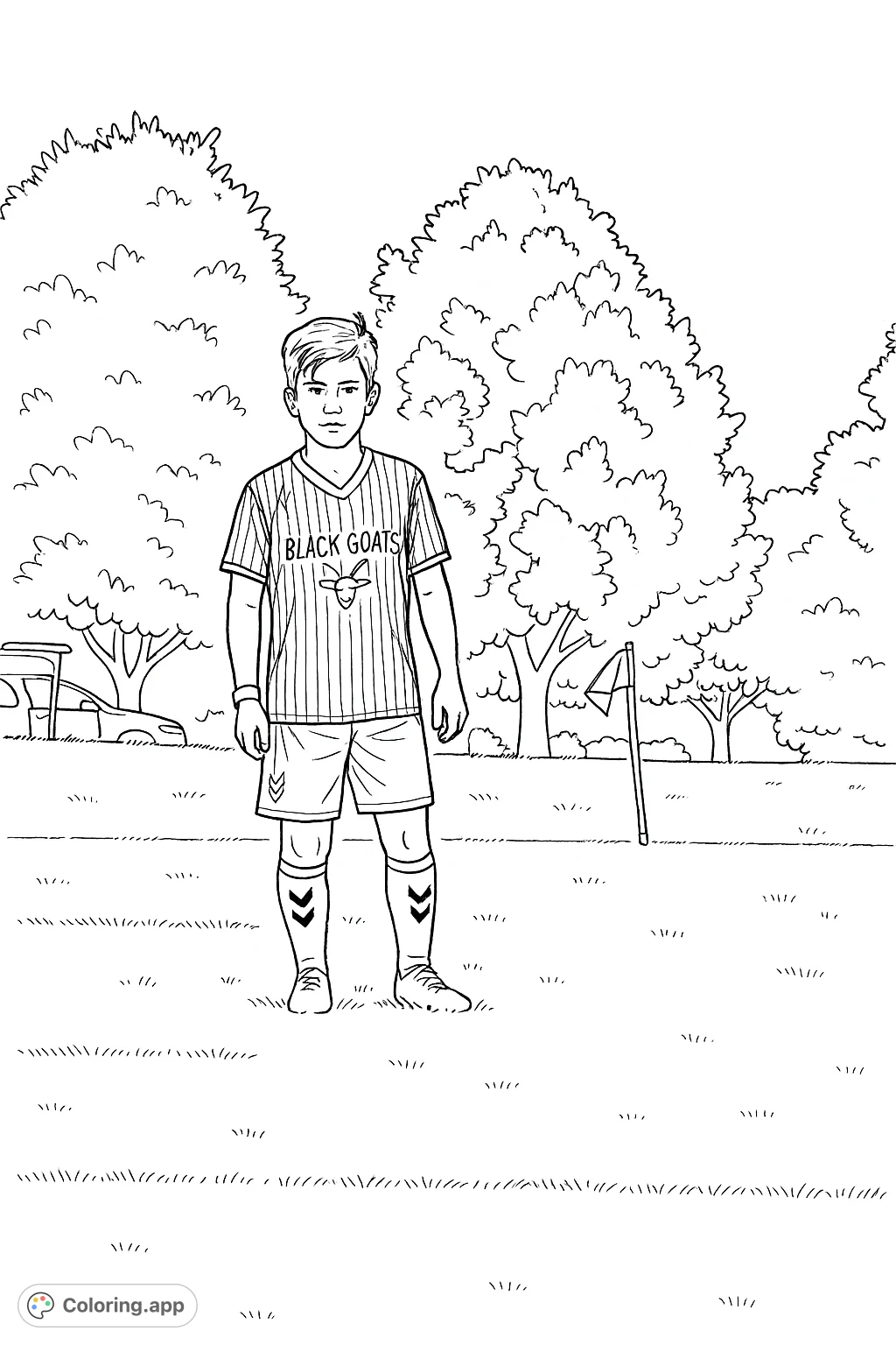 A dynamic soccer player stands ready on the field, surrounded by nature. Perfect for sports enthusiasts to personalize with team colors and vibrant details.