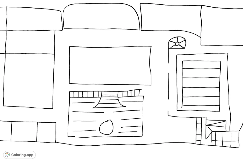 Explore a unique abstract layout coloring page featuring interconnected geometric shapes, pathways, and intriguing patterns for a creative coloring experience.