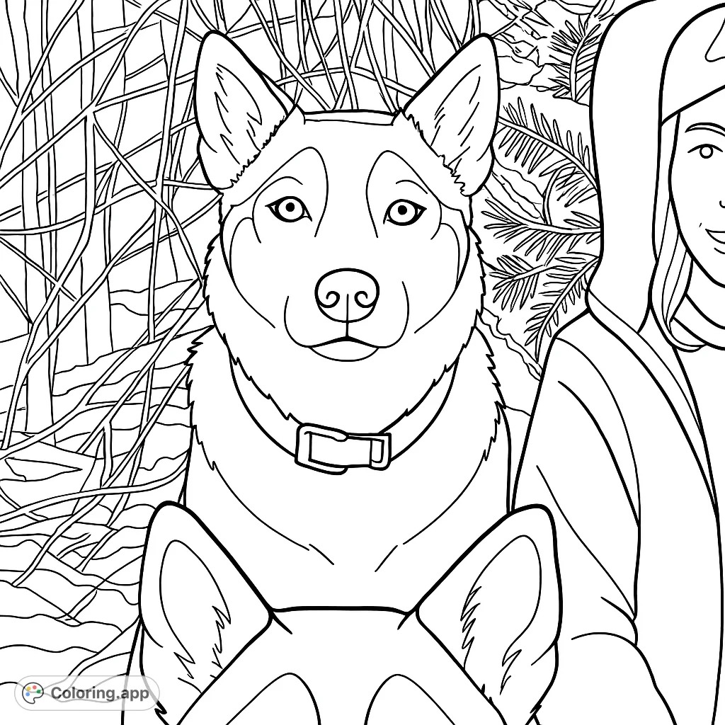 An alert husky with striking facial markings and a collar, set against a natural, sparse outdoor background. Perfect for dog lovers.