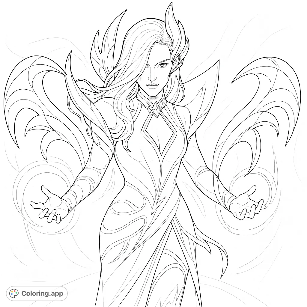 An elegant sorceress with elaborate wing-like armor and flowing hair, emanating mystic energy. A captivating fantasy figure for detailed coloring.