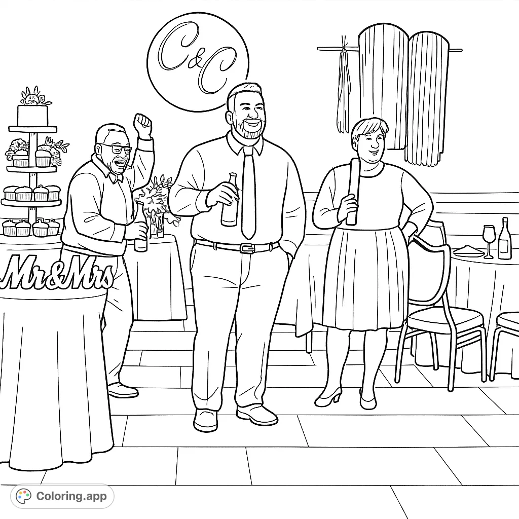 Capture the joy of a wedding celebration with three guests toasting amidst a dessert display and festive decor. A detailed celebration coloring page.