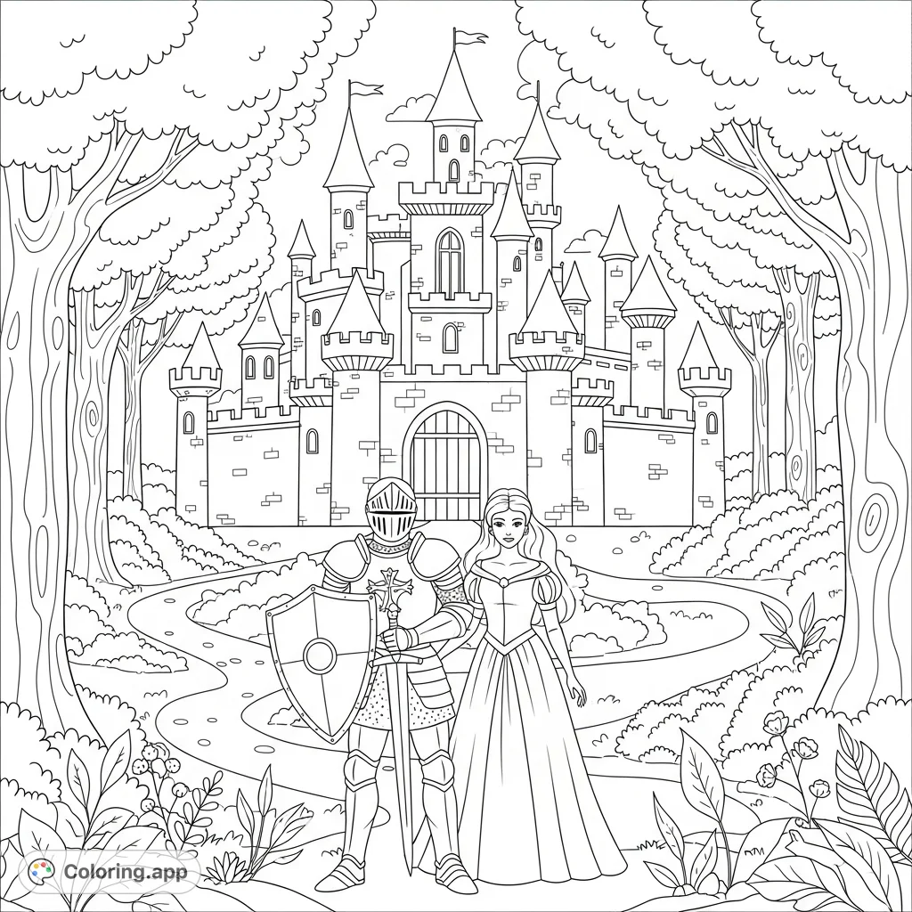 A captivating fantasy coloring page featuring a brave knight and a graceful princess standing before a majestic castle nestled within an enchanting forest.