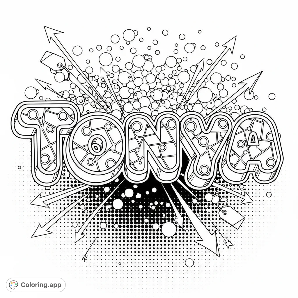 A dynamic 'Tonya' coloring page featuring bold bubble letters filled with intricate patterns, stylized arrows, a dense field of circles, and a halftone dot background.