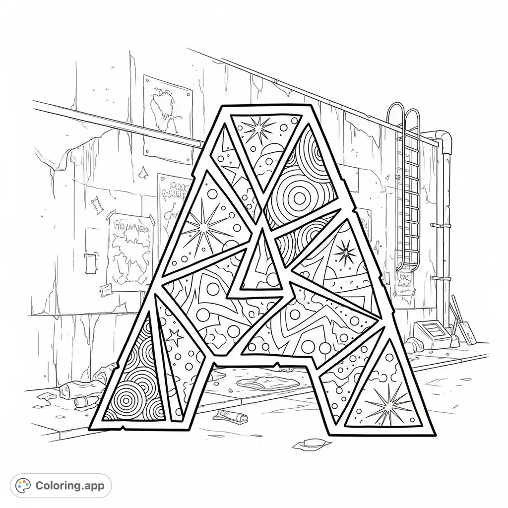 Explore an intricate letter A coloring page, featuring a dynamic, segmented 'A' filled with swirling patterns against a weathered urban alley backdrop. A detailed free printable coloring page.