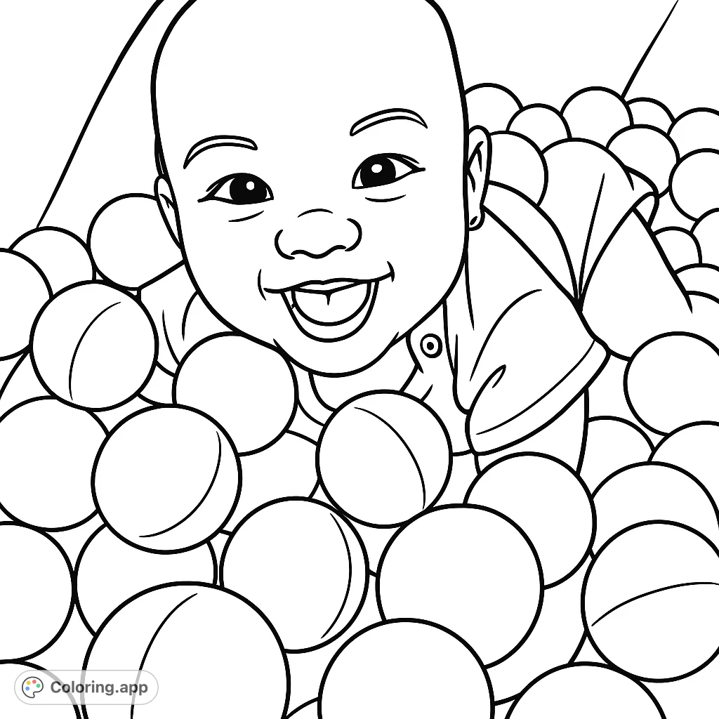 Dive into fun with this cartoony baby in ball pit coloring page! A joyful infant surrounded by playful spheres, ready for your creative touch.
