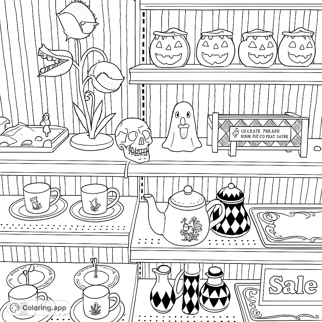 Explore a curious collection of whimsical and spooky items, from a man-eating plant to an Alice-inspired tea set, perfect for detailed coloring.
