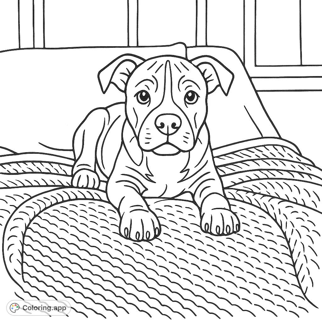 An adorable puppy rests on a cozy knitted blanket, looking directly forward. This charming puppy coloring page offers moderate detail for a delightful coloring experience.