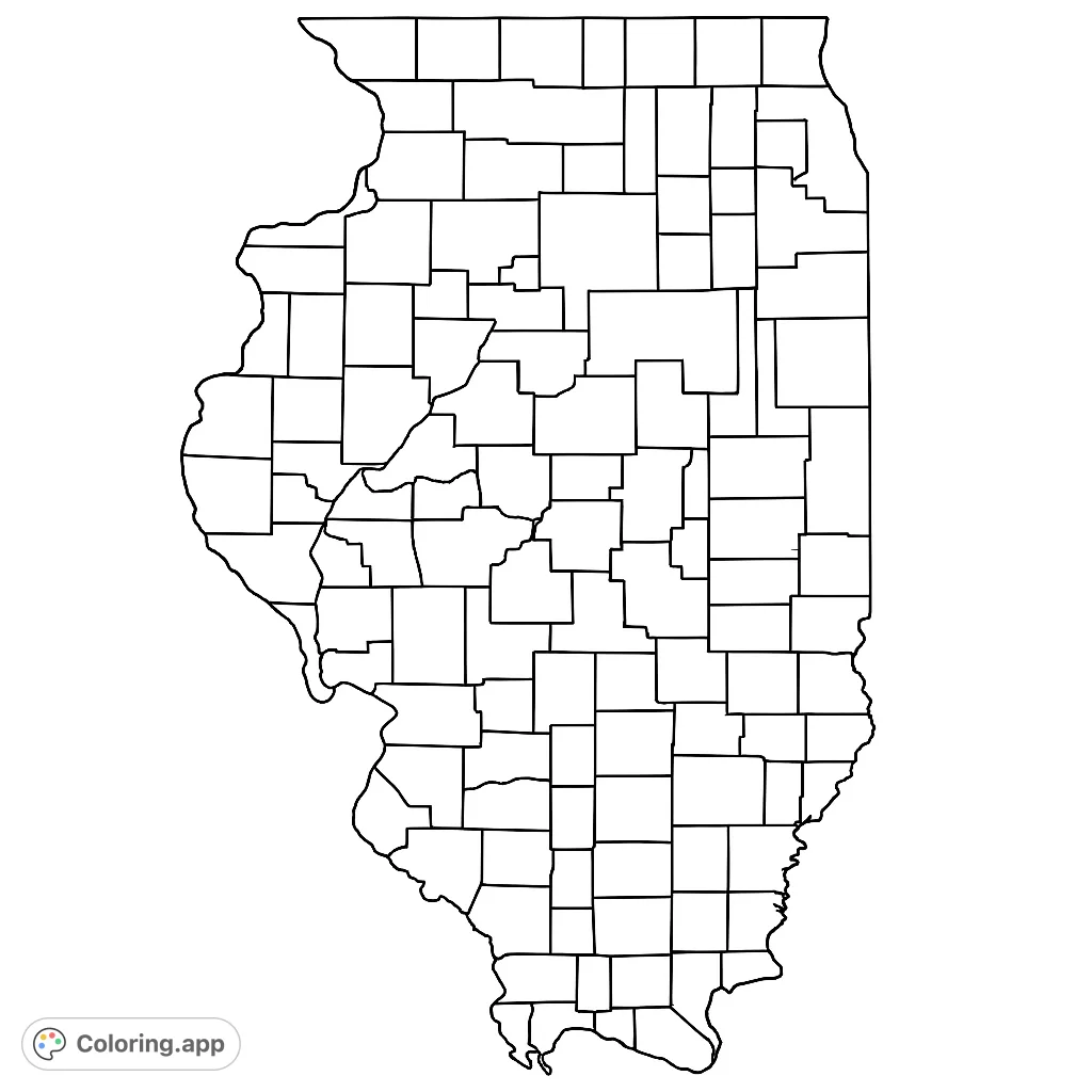 Explore the geography of Illinois with this detailed county map coloring page. Perfect for learning and creative expression.