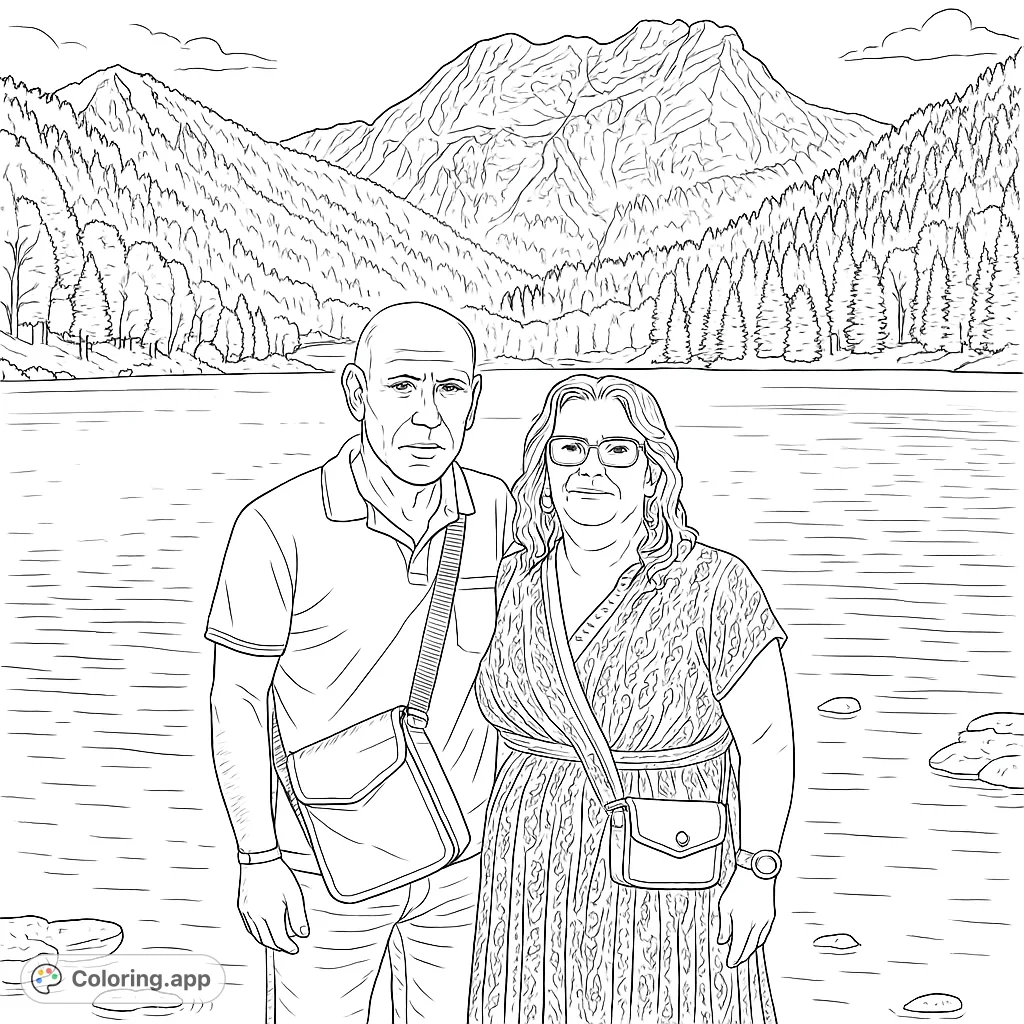 A serene mountain lake scene featuring a couple enjoying the scenic views. Perfect for nature lovers and those who appreciate tranquil landscapes.