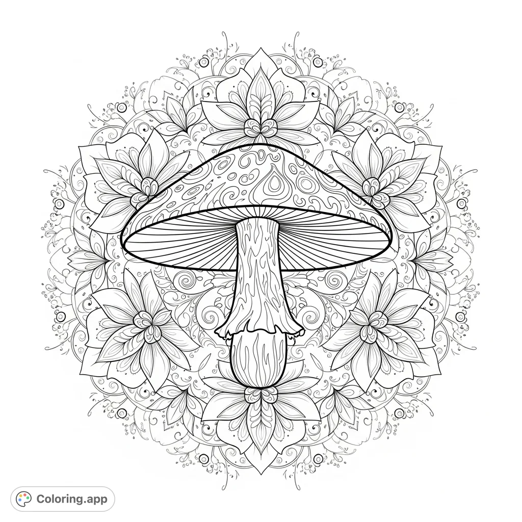 Explore a whimsical mandala featuring a grand magic mushroom surrounded by layers of intricately patterned, fantastical flowers. A captivating design for mindful coloring.