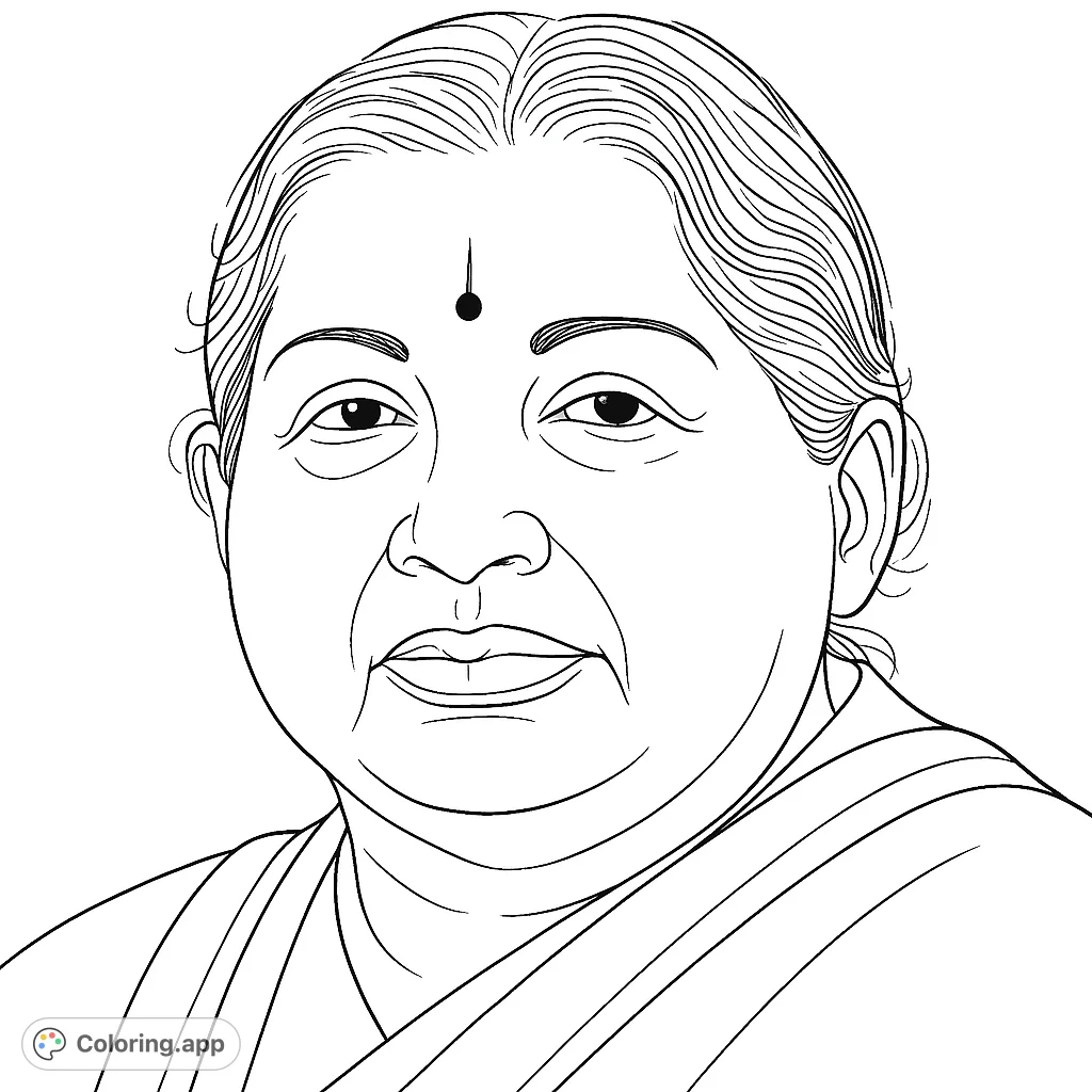 A serene portrait of a woman with a distinctive forehead mark, offering a calming and detailed coloring experience for thoughtful artists.