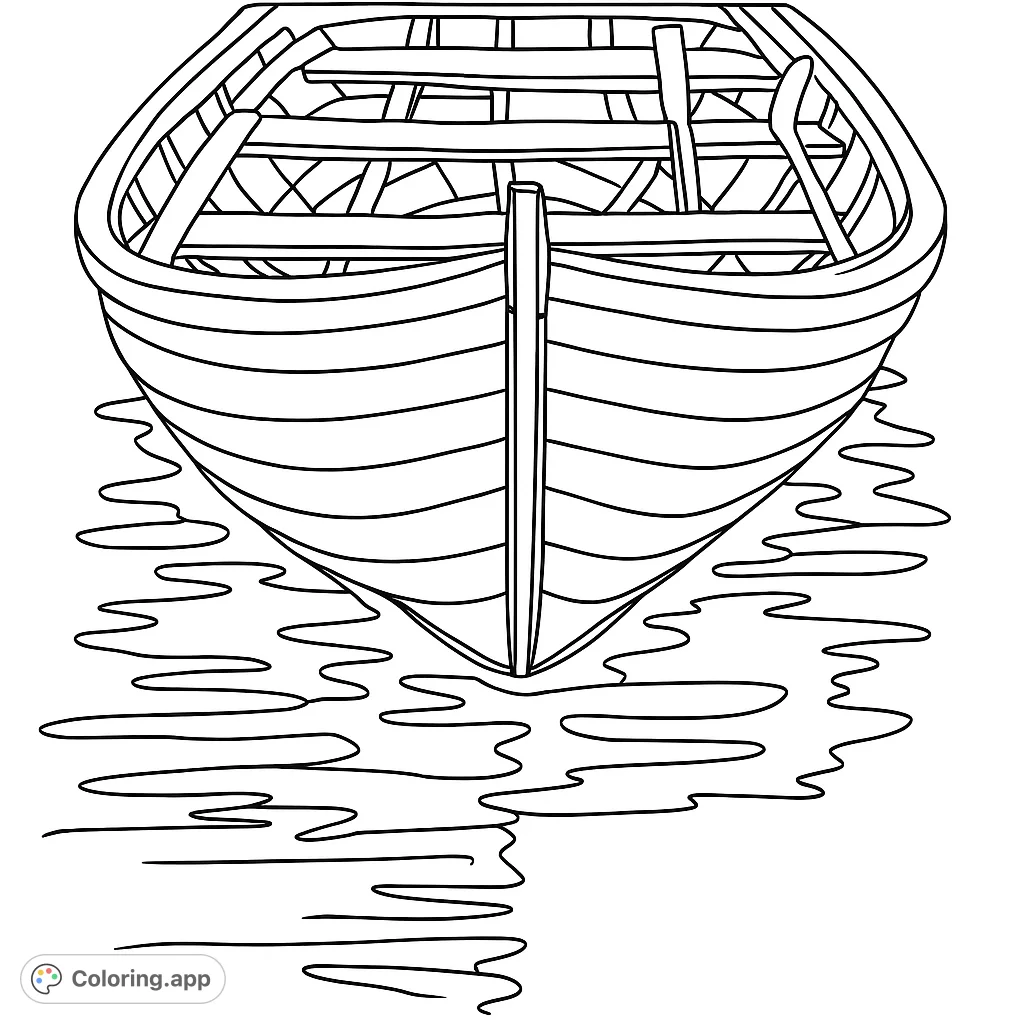 A rustic wooden rowboat floats peacefully on calm water, with gentle reflections below. Perfect for a serene and detailed coloring experience.