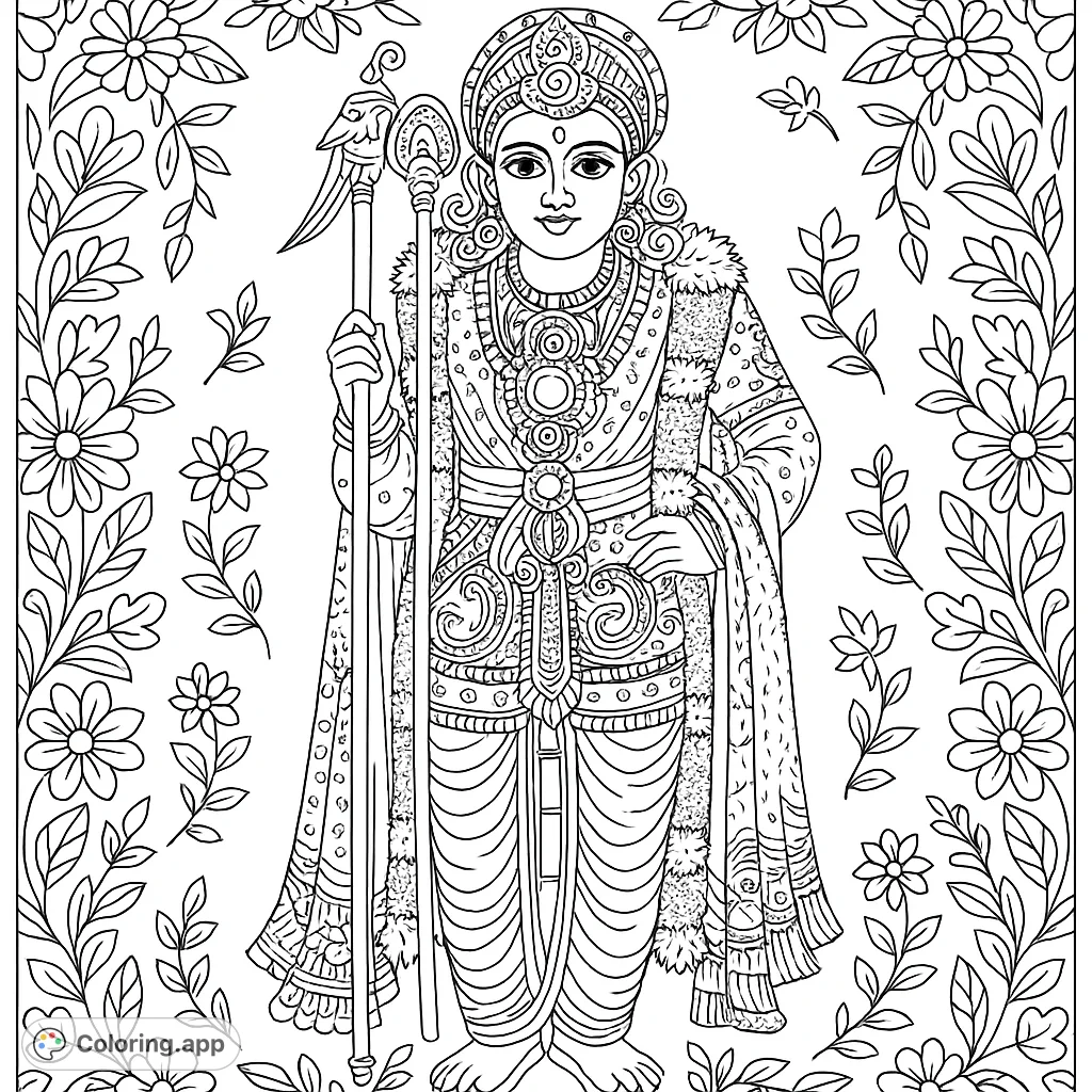 A majestic Lord Murugan coloring page, featuring the divine figure with elaborate attire, ornate jewelry, and sacred staffs, surrounded by decorative floral borders.