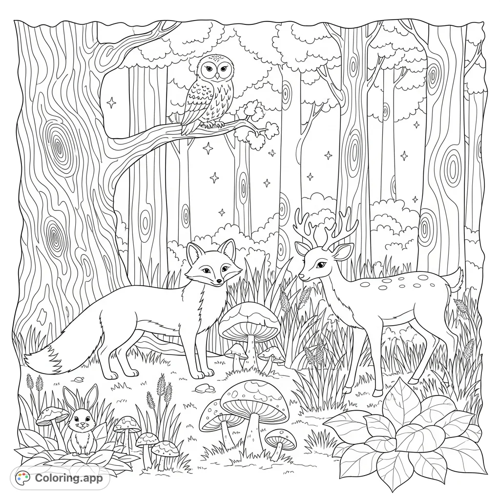 A whimsical forest scene featuring friendly animals like a fox, owl, deer, and rabbit amidst magical trees and fanciful flora. A delightful free printable coloring page.