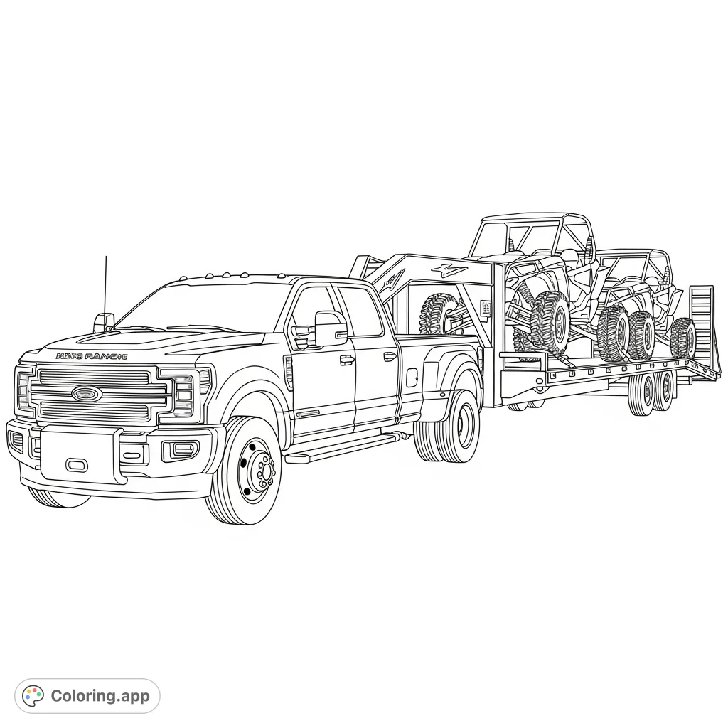 Experience the power of an F250 King Ranch dually towing a 50-foot gooseneck trailer with two UTVs. A detailed vehicle coloring page for enthusiasts.