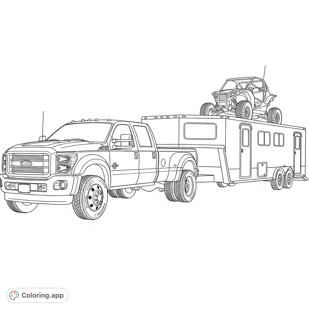 Color a powerful F450 King Ranch dually with a flatbed and fifth-wheel hitch, towing a toy hauler with a UTV. Perfect for vehicle enthusiasts!