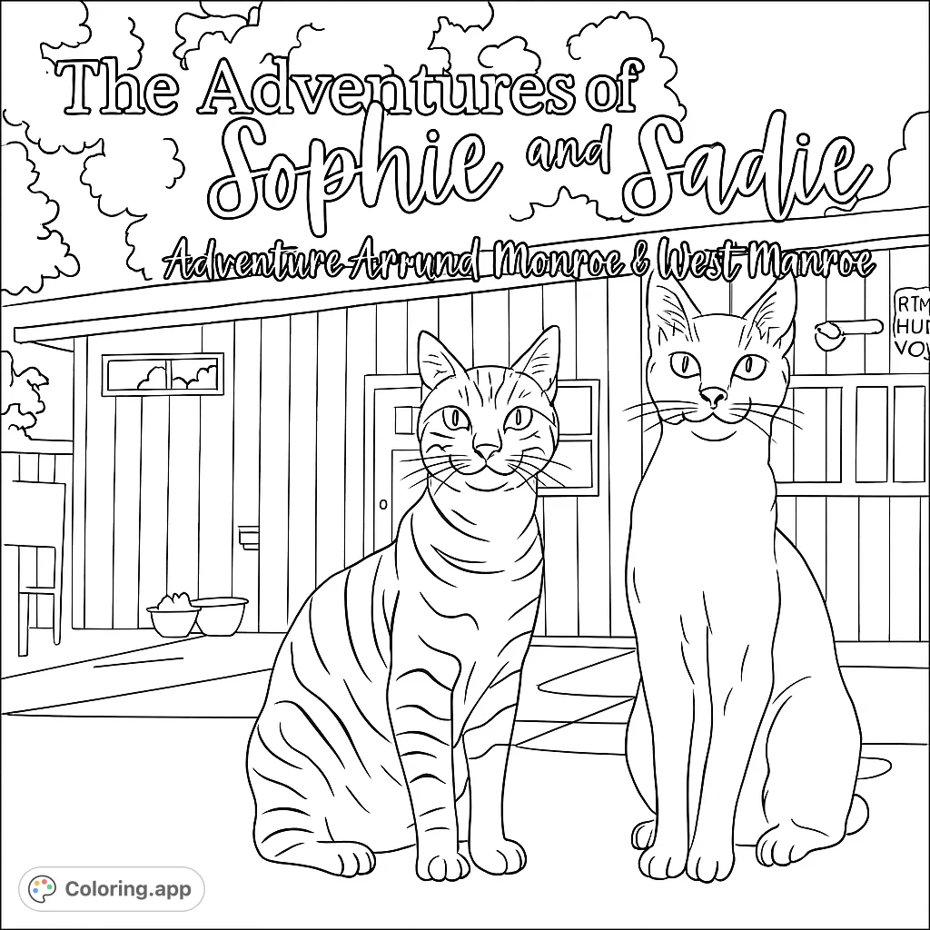 A charming coloring page featuring two domestic cats sitting in front of a building with trees and sky, perfect for cat lovers.
